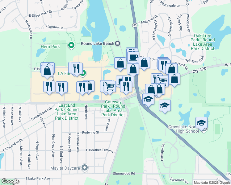 map of restaurants, bars, coffee shops, grocery stores, and more near 726 East Rollins Road in Round Lake Beach