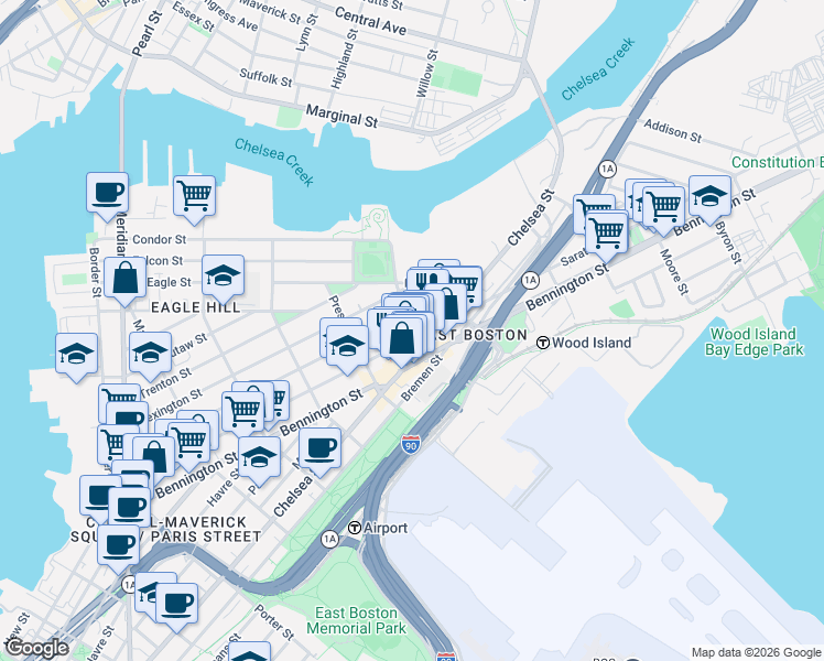 map of restaurants, bars, coffee shops, grocery stores, and more near 390 Chelsea Street in Boston