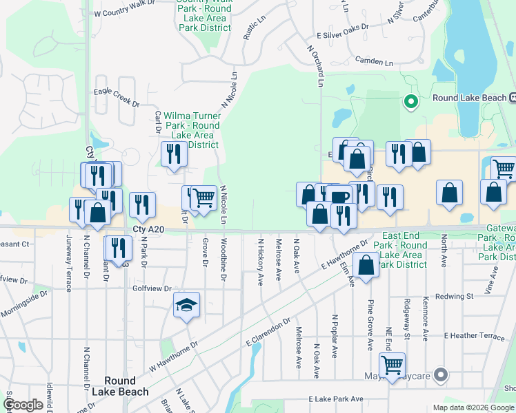 map of restaurants, bars, coffee shops, grocery stores, and more near 10 East Rollins Road in Round Lake Beach