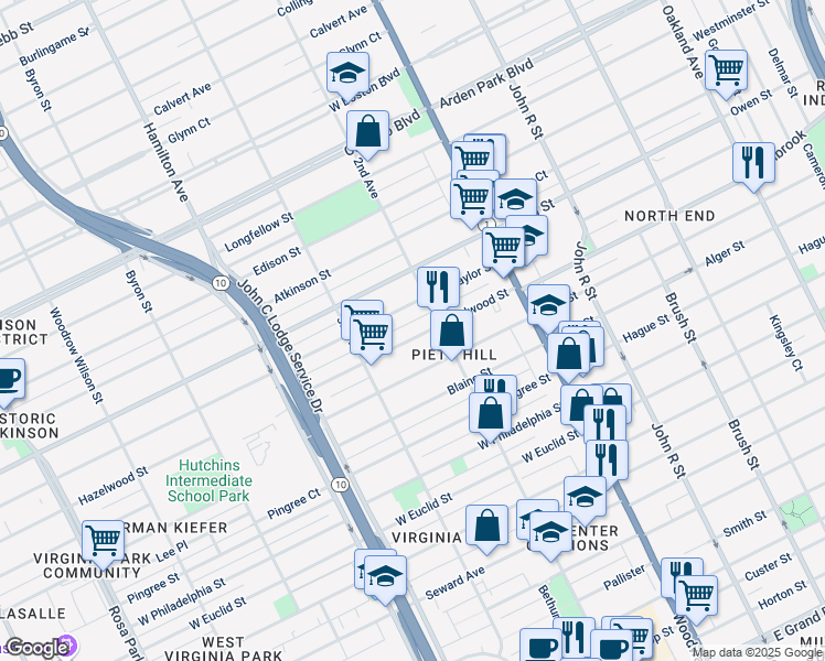 map of restaurants, bars, coffee shops, grocery stores, and more near 646 Hazelwood Street in Detroit