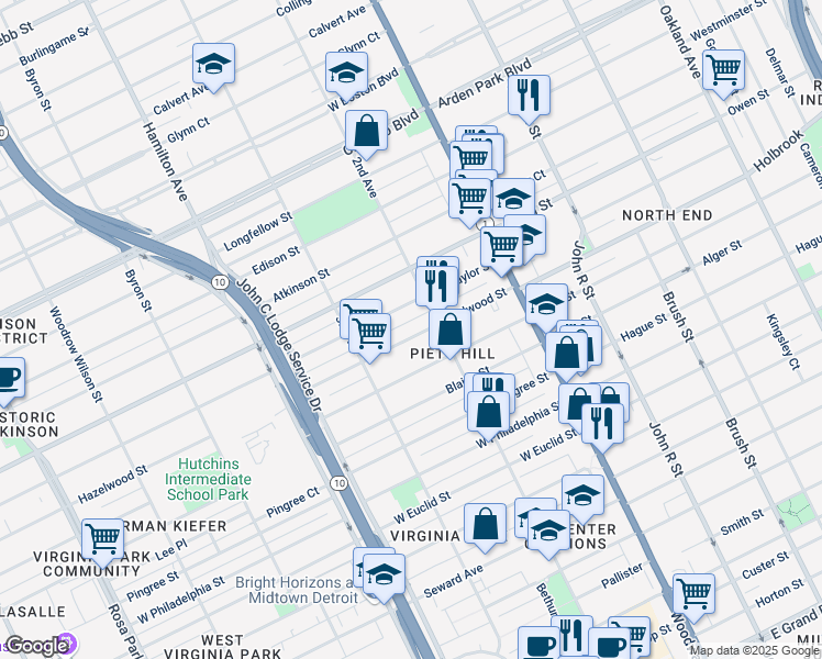 map of restaurants, bars, coffee shops, grocery stores, and more near 646 Hazelwood Street in Detroit