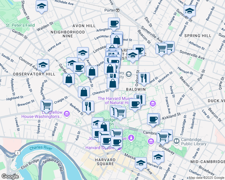 map of restaurants, bars, coffee shops, grocery stores, and more near 6 Everett Street in Cambridge