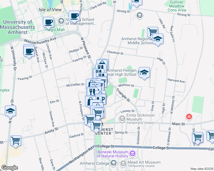 map of restaurants, bars, coffee shops, grocery stores, and more near 196 Triangle St in Amherst