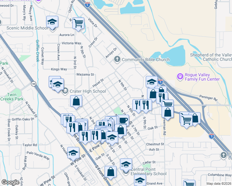 map of restaurants, bars, coffee shops, grocery stores, and more near 318 North 7th Street in Central Point