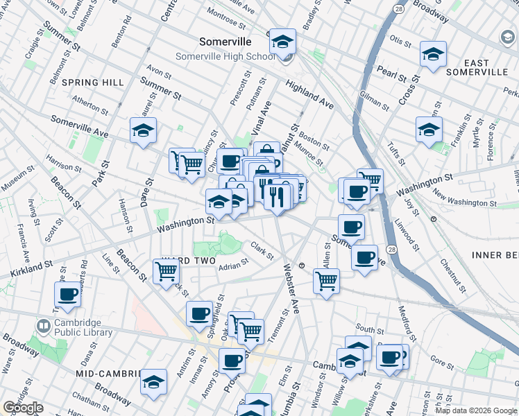 map of restaurants, bars, coffee shops, grocery stores, and more near in Somerville