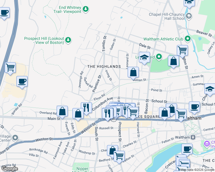 map of restaurants, bars, coffee shops, grocery stores, and more near 70 Elson Road in Waltham