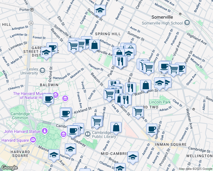 map of restaurants, bars, coffee shops, grocery stores, and more near 175 Beacon Street in Somerville