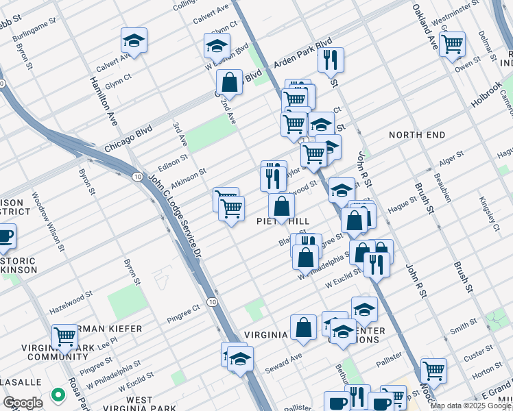 map of restaurants, bars, coffee shops, grocery stores, and more near 646 Hazelwood Street in Detroit