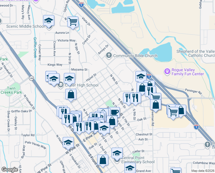 map of restaurants, bars, coffee shops, grocery stores, and more near 318 North 7th Street in Central Point