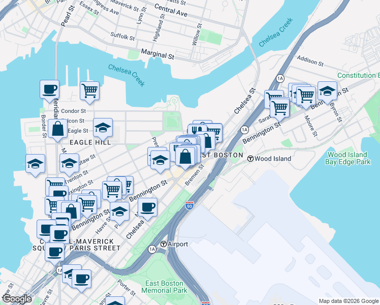 map of restaurants, bars, coffee shops, grocery stores, and more near 390 Chelsea Street in Boston