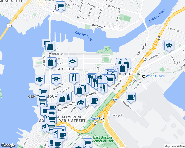map of restaurants, bars, coffee shops, grocery stores, and more near 199 Lexington Street in Boston