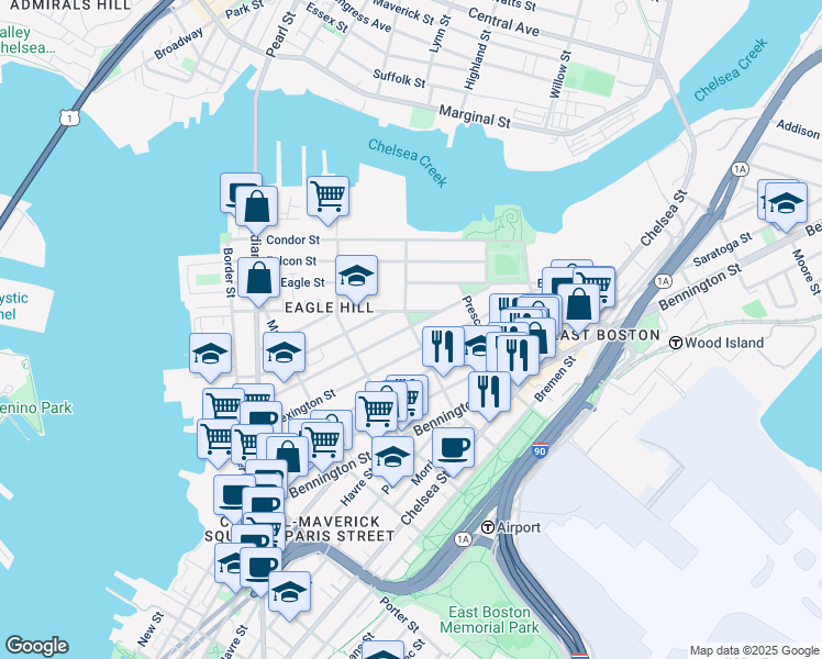 map of restaurants, bars, coffee shops, grocery stores, and more near 199 Lexington Street in Boston