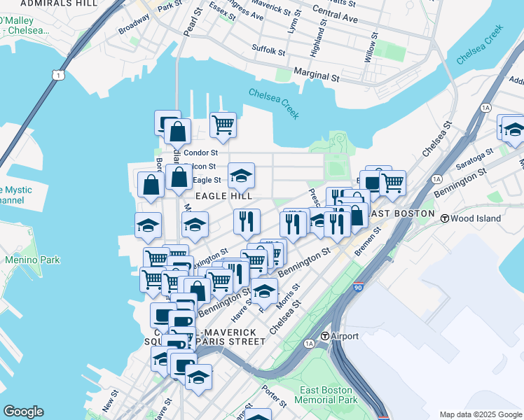 map of restaurants, bars, coffee shops, grocery stores, and more near 139 Trenton Street in Boston