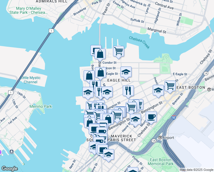 map of restaurants, bars, coffee shops, grocery stores, and more near 13 Monmouth Street in Boston