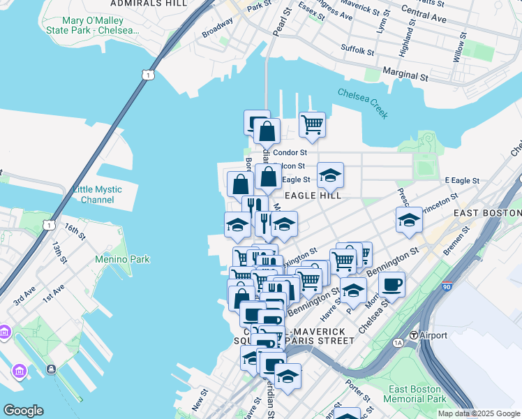 map of restaurants, bars, coffee shops, grocery stores, and more near 347 Border Street in Boston