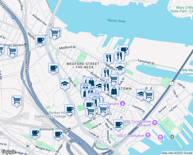 map of restaurants, bars, coffee shops, grocery stores, and more near 30 Russell Street in Boston