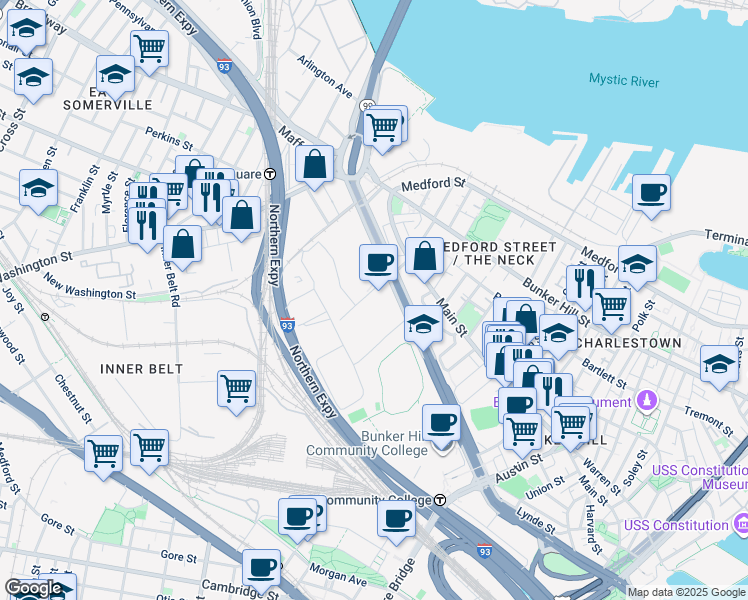 map of restaurants, bars, coffee shops, grocery stores, and more near 1 Bunker Hill Industrial Park in Boston