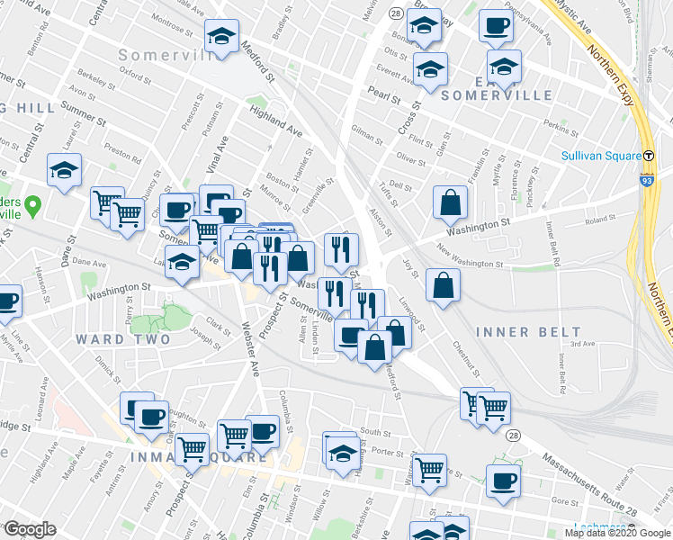 map of restaurants, bars, coffee shops, grocery stores, and more near 192 Washington Street in Somerville