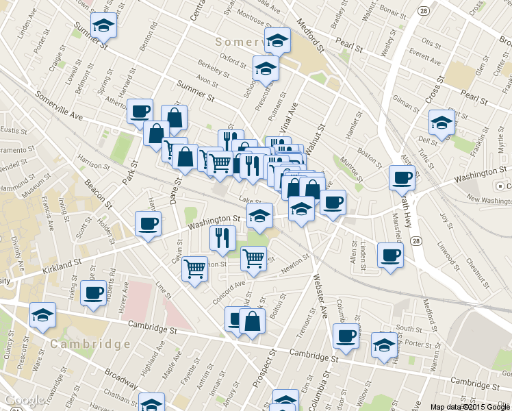 map of restaurants, bars, coffee shops, grocery stores, and more near 307 Washington Street in Somerville