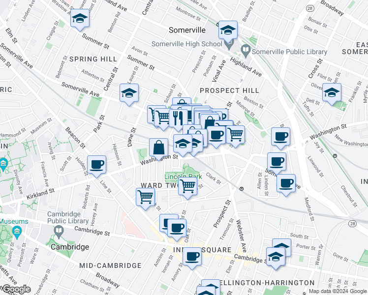 map of restaurants, bars, coffee shops, grocery stores, and more near 307 Washington Street in Somerville