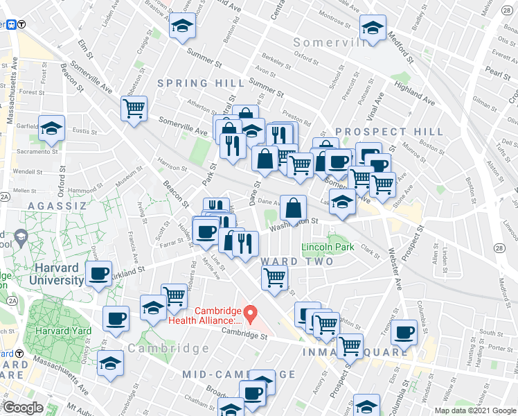 map of restaurants, bars, coffee shops, grocery stores, and more near 65 Dane Street in Somerville