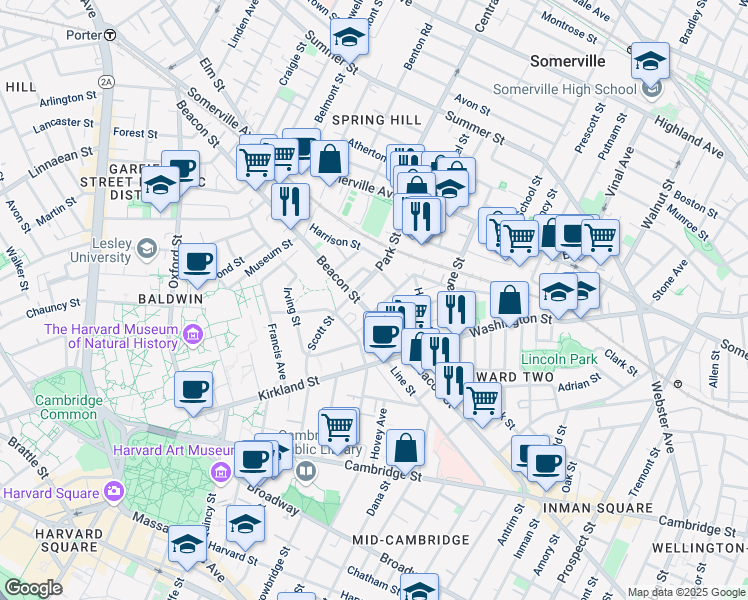 map of restaurants, bars, coffee shops, grocery stores, and more near 161 Beacon Street in Somerville