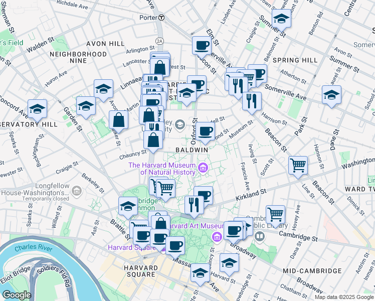 map of restaurants, bars, coffee shops, grocery stores, and more near in Cambridge