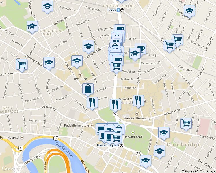 map of restaurants, bars, coffee shops, grocery stores, and more near 2 Chauncy Street in Cambridge