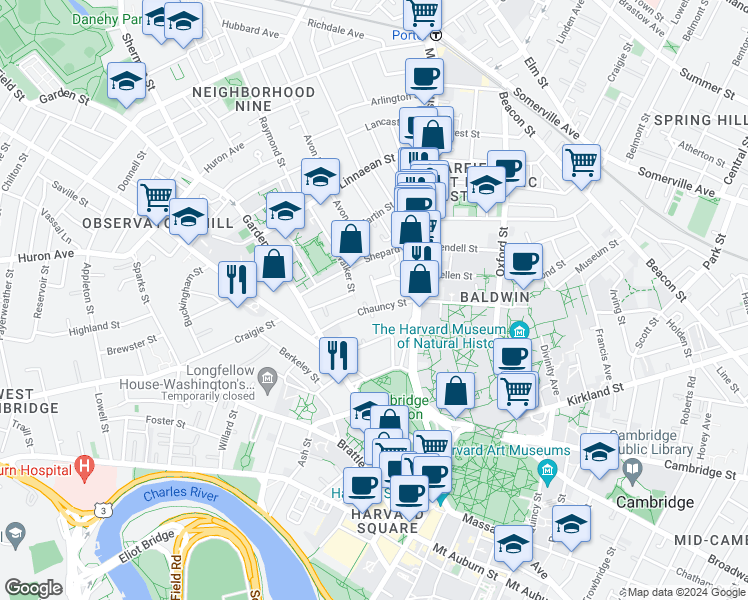 map of restaurants, bars, coffee shops, grocery stores, and more near 16 Chauncy Street in Cambridge