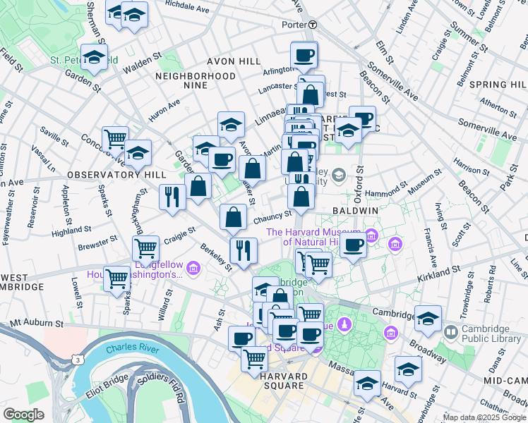 map of restaurants, bars, coffee shops, grocery stores, and more near 16 Chauncy Street in Cambridge