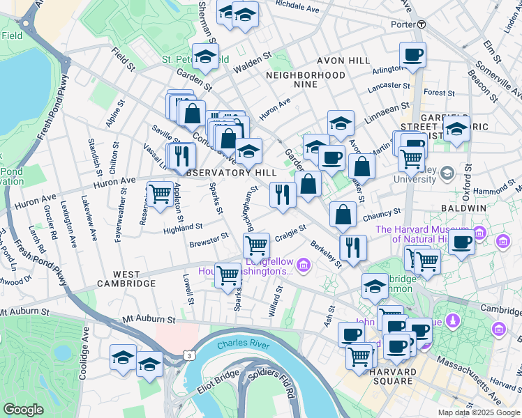 map of restaurants, bars, coffee shops, grocery stores, and more near 42 Parker Street in Cambridge