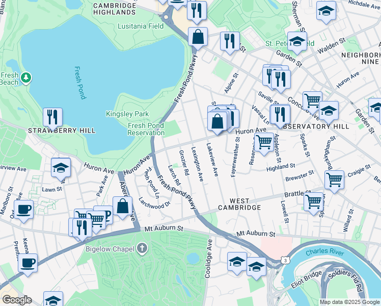 map of restaurants, bars, coffee shops, grocery stores, and more near 90-92 Grozier Road in Cambridge