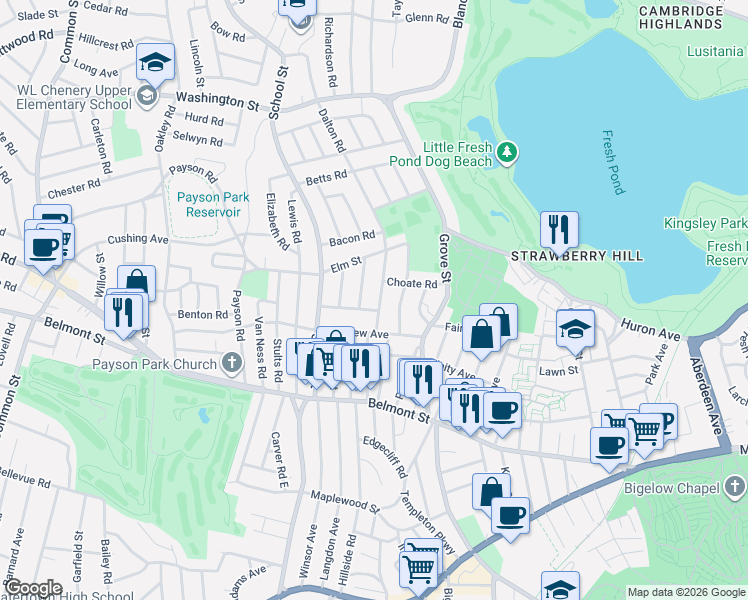 map of restaurants, bars, coffee shops, grocery stores, and more near 35 Harvard Road in Belmont