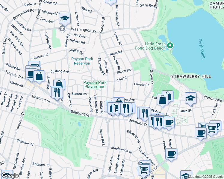 map of restaurants, bars, coffee shops, grocery stores, and more near 540 School Street in Belmont
