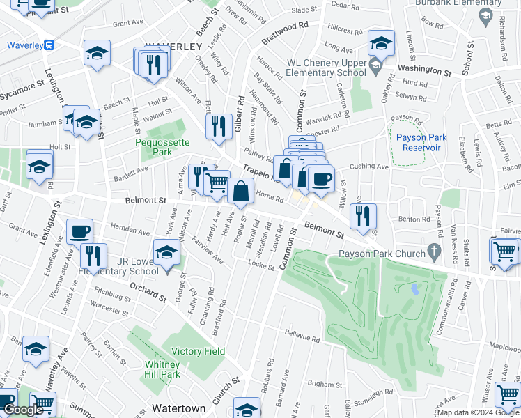 map of restaurants, bars, coffee shops, grocery stores, and more near 9 Merrill Road in Watertown