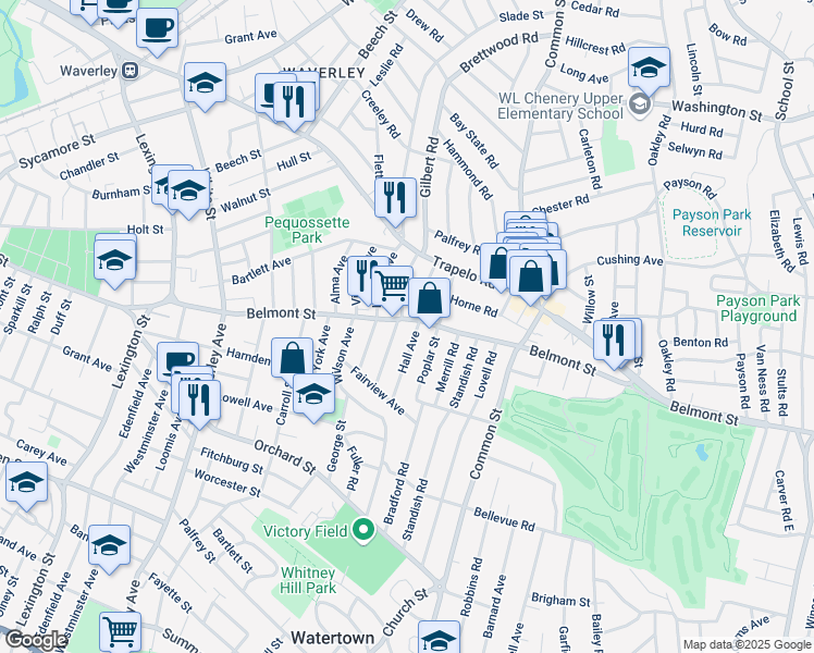 map of restaurants, bars, coffee shops, grocery stores, and more near 16 Hall Avenue in Watertown