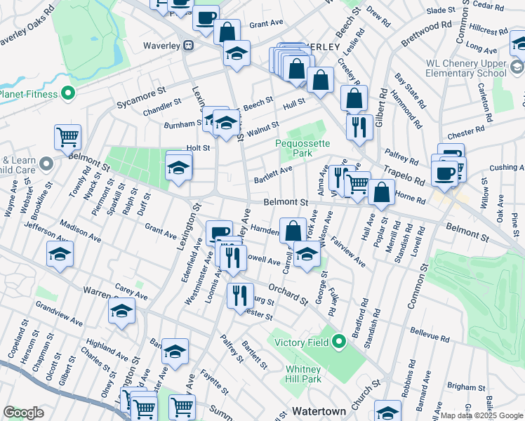 map of restaurants, bars, coffee shops, grocery stores, and more near 289 Waverley Avenue in Watertown