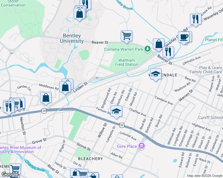 map of restaurants, bars, coffee shops, grocery stores, and more near 59 Ellery Road in Waltham