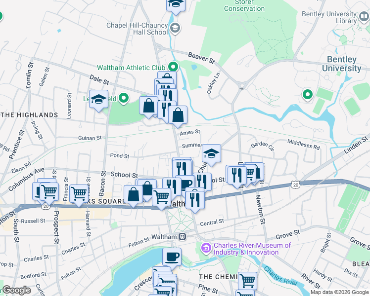 map of restaurants, bars, coffee shops, grocery stores, and more near 20 Warren Avenue in Waltham