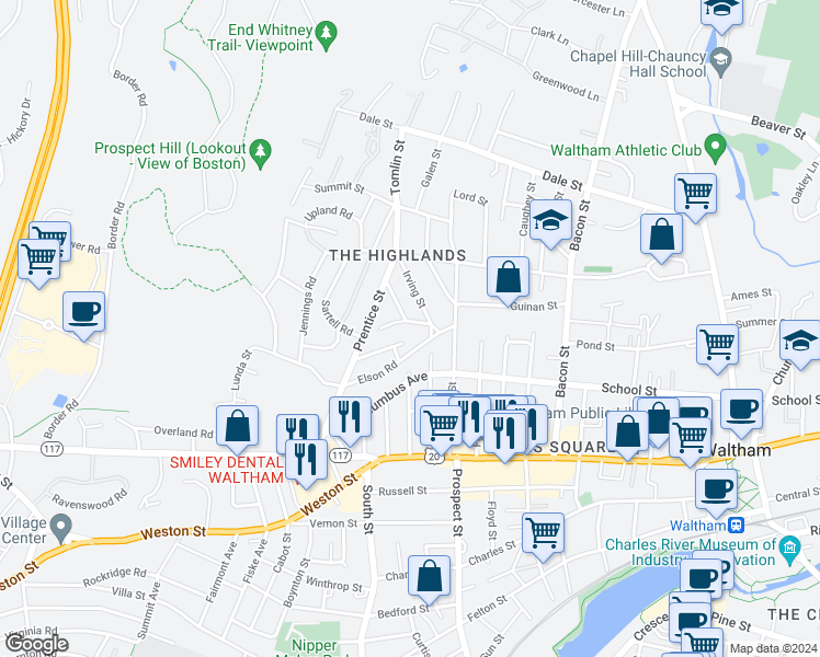 map of restaurants, bars, coffee shops, grocery stores, and more near 70 Elson Road in Waltham