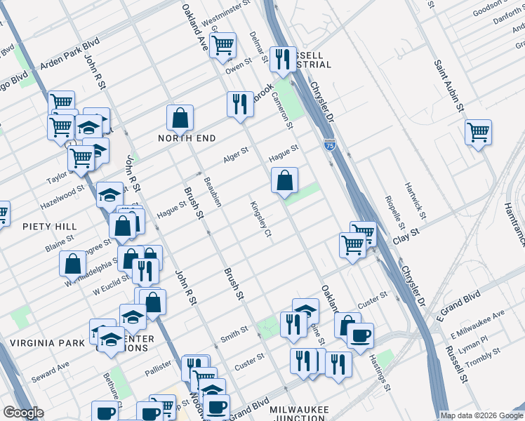 map of restaurants, bars, coffee shops, grocery stores, and more near 603 Melbourne Street in Detroit