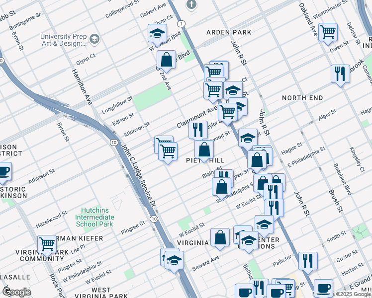 map of restaurants, bars, coffee shops, grocery stores, and more near 671 Hazelwood Street in Detroit