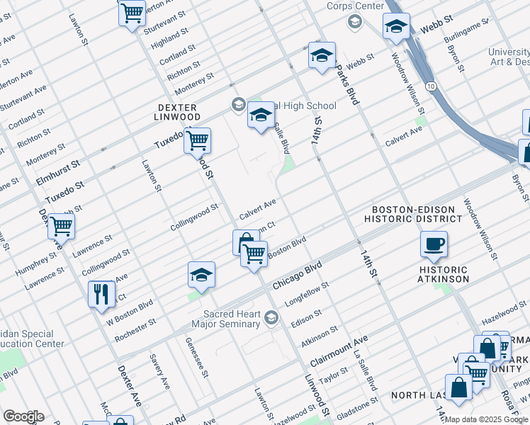 map of restaurants, bars, coffee shops, grocery stores, and more near 2460 Glynn Court in Detroit