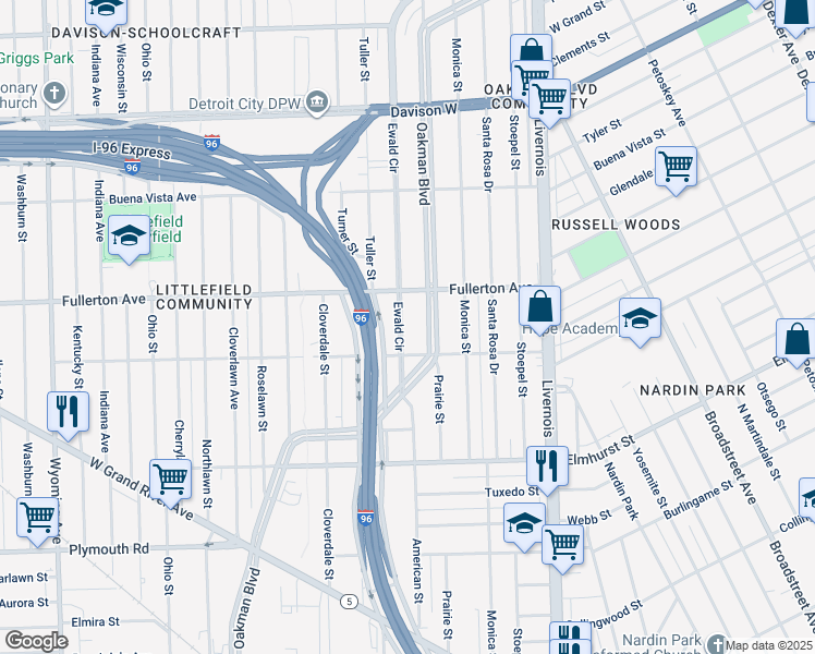 map of restaurants, bars, coffee shops, grocery stores, and more near 3543 Ewald Circle in Detroit