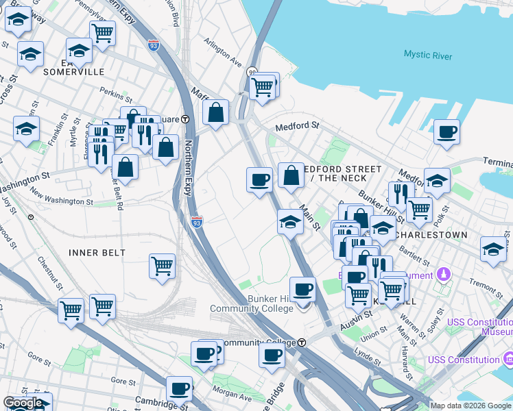 map of restaurants, bars, coffee shops, grocery stores, and more near 50 Hood Park Drive in Boston