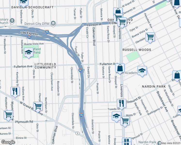 map of restaurants, bars, coffee shops, grocery stores, and more near 3543 Ewald Circle in Detroit