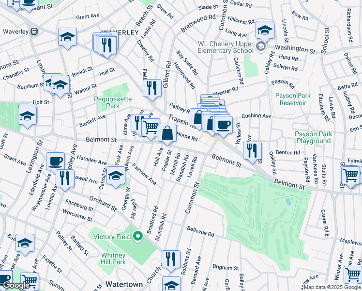 map of restaurants, bars, coffee shops, grocery stores, and more near 9 Merrill Road in Watertown