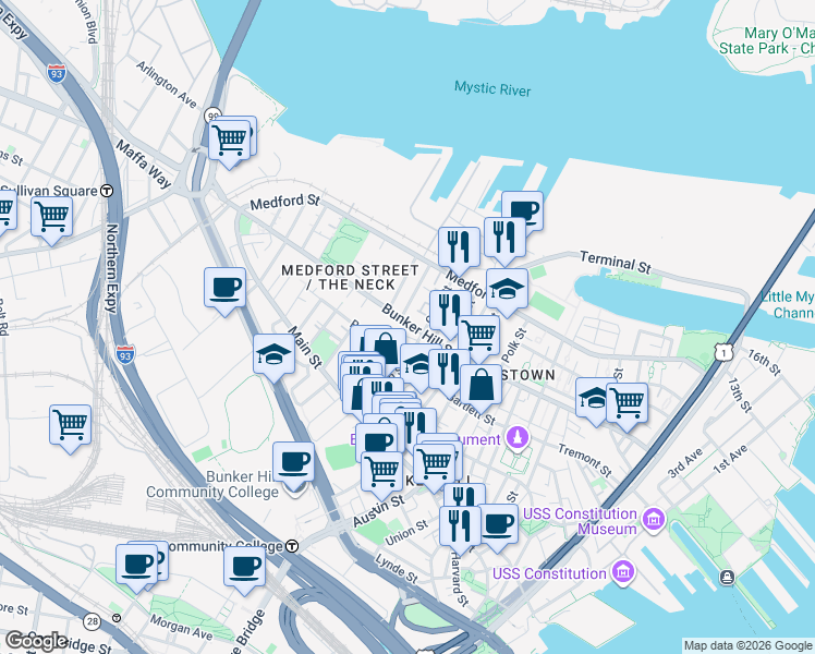 map of restaurants, bars, coffee shops, grocery stores, and more near 276 Bunker Hill Street in Boston