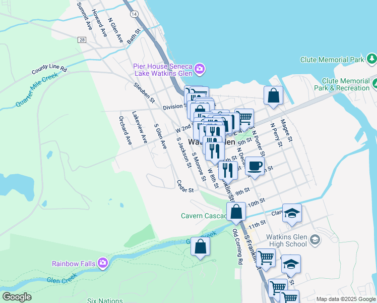 map of restaurants, bars, coffee shops, grocery stores, and more near 115 South Monroe Street in Watkins Glen