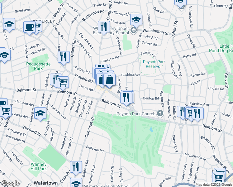 map of restaurants, bars, coffee shops, grocery stores, and more near 63 Trapelo Road in Belmont